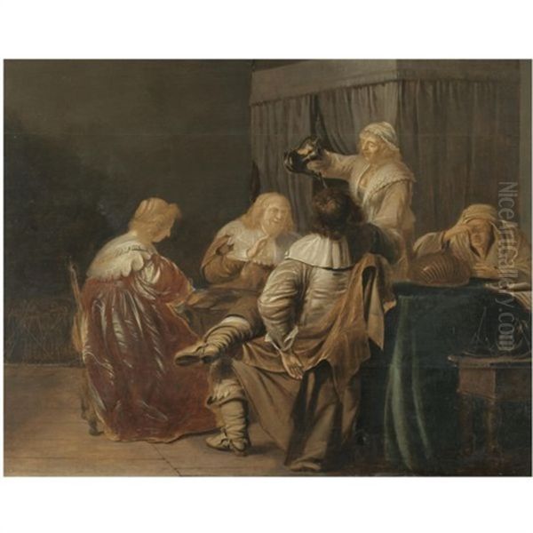 A Brothel Scene With Elegant Figures At A Table, A Maid Pouring Drinks And An Elderly Lady Counting Money Oil Painting by Pieter Codde