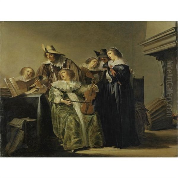 Concert In A Dutch Interior By A Chimney Oil Painting by Pieter Codde