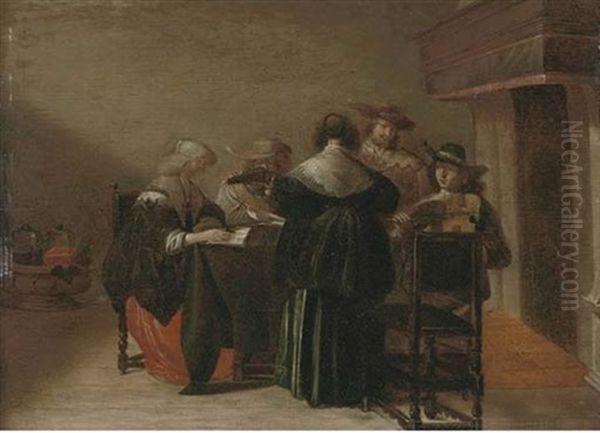 Elegant Company Making Music In An Interior Oil Painting by Pieter Codde