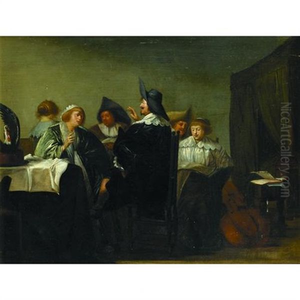 An Interior Scene With Figures Gathered Around A Table Oil Painting by Pieter Codde