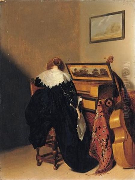 An Interior With A Lady Seated At Virginals, Seen From Behind, A Viola Da Gamba Resting Beside Her Oil Painting by Pieter Codde