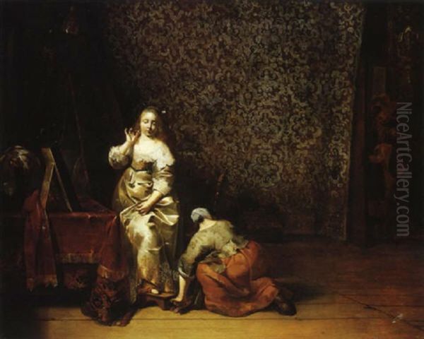 Une Dame Et Sa Servante Dans Un Interieur Hollandais Oil Painting by Pieter Codde