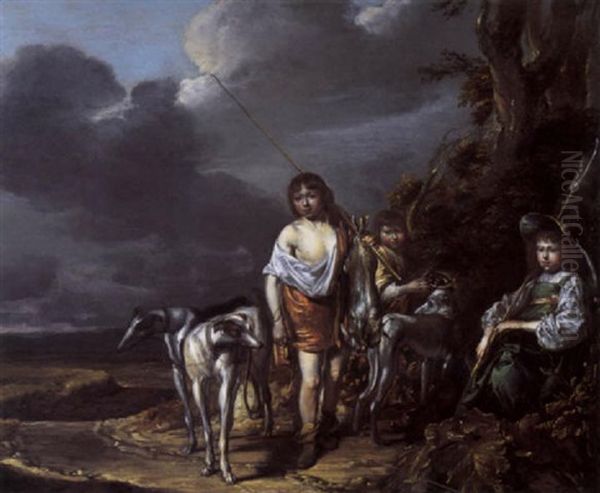 Young Huntsmen And A Shepherdess With Hounds In A Dune Landscape Oil Painting by Pieter Codde