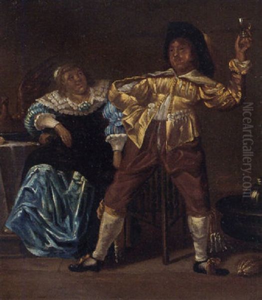 A Couple Making Merry In An Interior Oil Painting by Pieter Codde