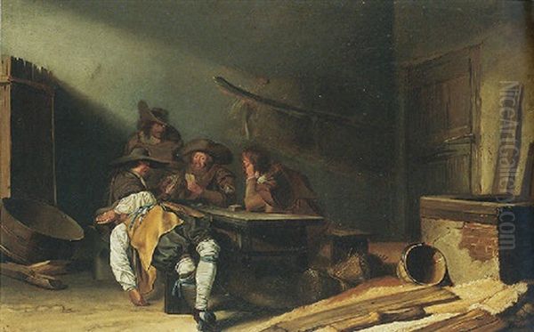 A Barn Interior With Men Playing Cards And Another Resting On A Bench Oil Painting by Pieter Codde