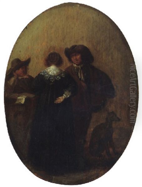 An Interior With Two Gentlemen Conversing With A Lady Oil Painting by Pieter Codde