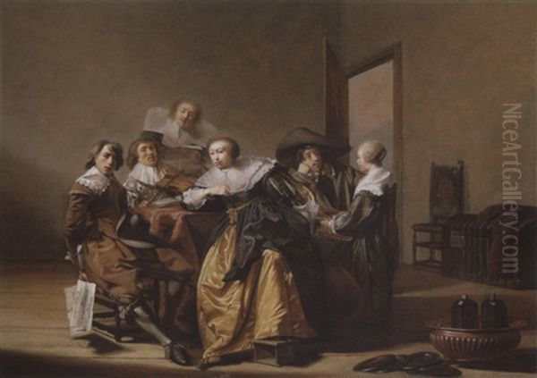 Elegant Company Making Music In An Interior Oil Painting by Pieter Codde