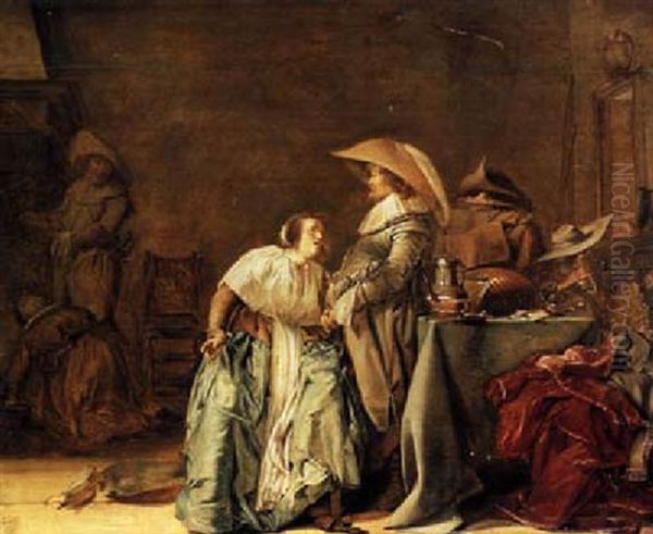 A Cortegaardje: An Interior With A Couple Conversing, The Lady Seated, The Soldier Standing By A Table Oil Painting by Pieter Codde