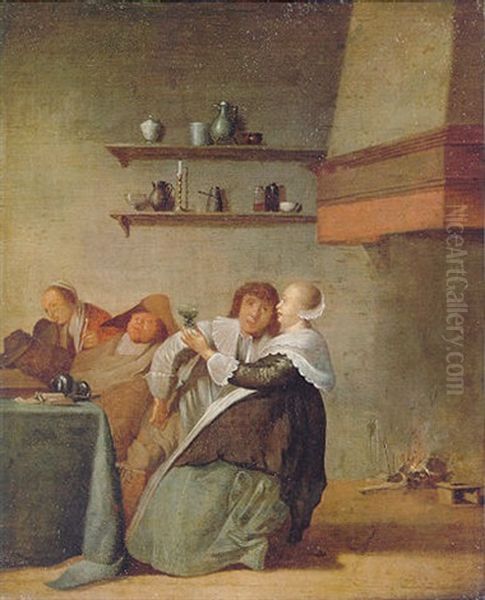 A Tavern Interior With Figures Drinking And Sleeping Around A Table Beside A Fireplace Oil Painting by Pieter Codde