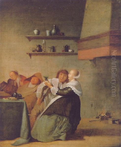 A Tavern Interor With Figures Drinking And Sleeping Around A Table Beside A Fireplace Oil Painting by Pieter Codde