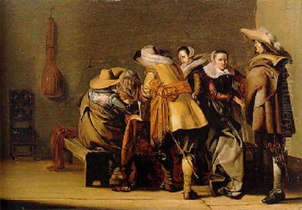 An Interior With Militiamen Playing Tric-trac Watched By Two Elegant Women Oil Painting by Pieter Codde