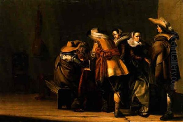 An Interior With Militiamen Playing Tric-trac Watched By Two Elegant Women Oil Painting by Pieter Codde