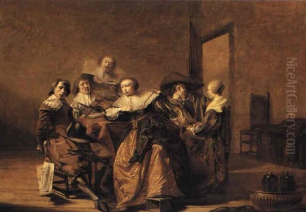 A Musical Party Seated Around A Table In An Interior Oil Painting by Pieter Codde