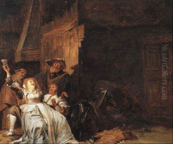 Peasant Woman Entertaining Soldiers In A Barn Oil Painting by Pieter Codde