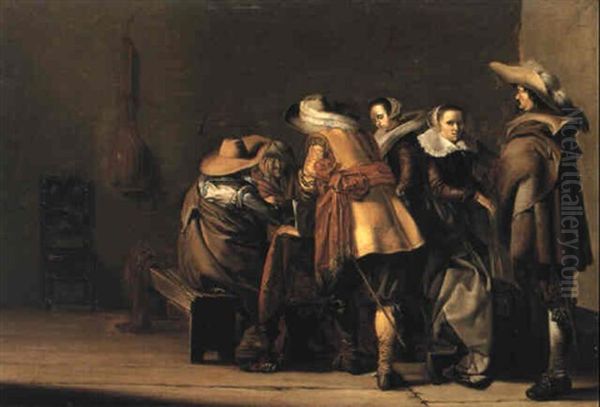 Interior With Militiamen Playing Tric-trac With Two Elegant Women Oil Painting by Pieter Codde