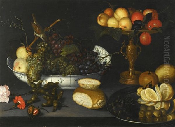 Still Life With Grapes In A Porcelain Bowl, Fruit In A Gilt Tazza And Other Objects Oil Painting by Francesco Codino
