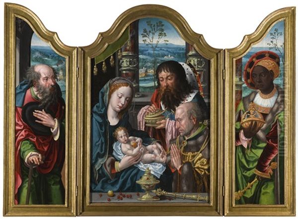A Triptych: The Adoration Of The Magi; With Saint Joseph (left Wing) And Balthazar (right Wing) Oil Painting by Pieter Ii Coecke Van Aelst
