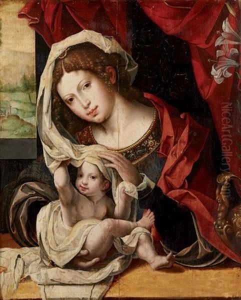 Vierge A L'enfant Pres D'un Grand Lys Blanc Dresse Dans Un Vase Oil Painting by Pieter Ii Coecke Van Aelst