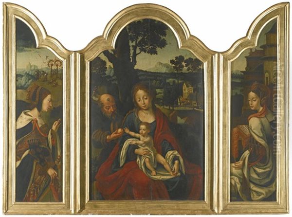 A Triptych: The Holy Family Flanked By Saint Catherine And Saint Barbara Oil Painting by Pieter Ii Coecke Van Aelst