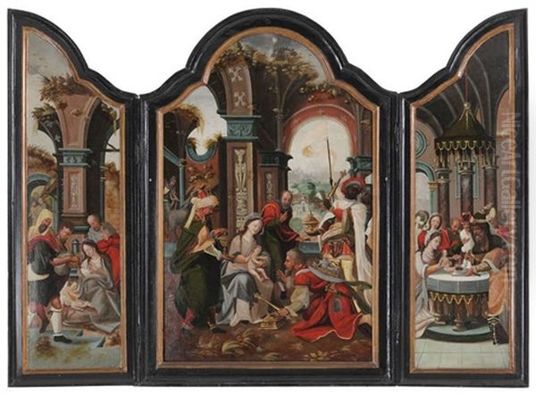 Triptyque Figurant L'adoration Des Mages (triptych) Oil Painting by Pieter Ii Coecke Van Aelst