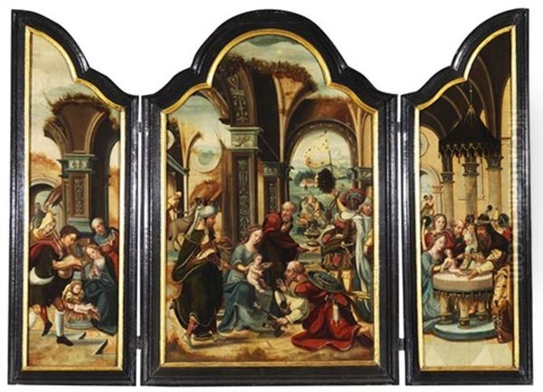 Die Anbetung Der Konige (+ 2 Others; Triptych In 1 Frame) Oil Painting by Pieter Ii Coecke Van Aelst