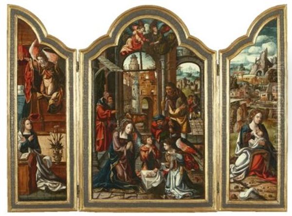 The Adoration Of The Shepherds, The Annunciation, The Rest On The Flight To Egypt (triptych) Oil Painting by Pieter Ii Coecke Van Aelst