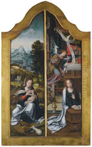 Wings Of An Altarpiece: The Left Wing Depicting The Madonna And Child And The Right Wing Depicting The Annunciation (in 2 Parts) Oil Painting by Pieter Ii Coecke Van Aelst