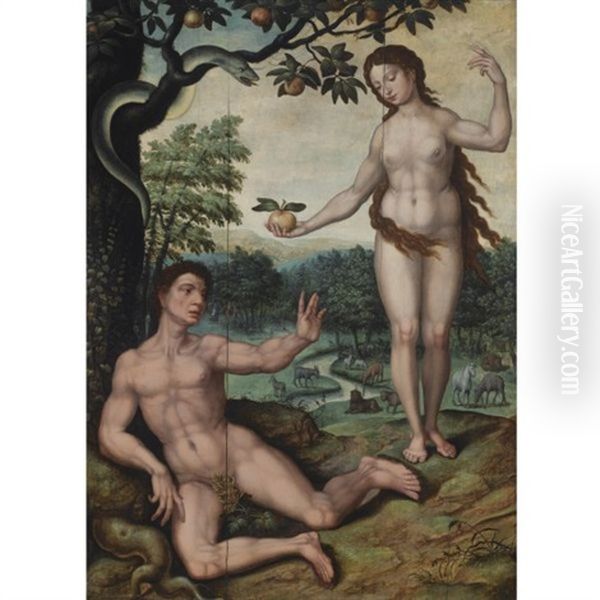 Adam And Eve In The Garden Of Eden Oil Painting by Pieter Ii Coecke Van Aelst