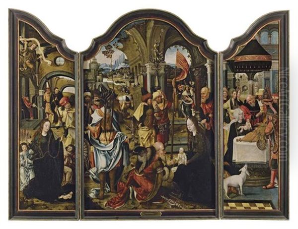 L'adoration Des Mages, La Nativite Et La Circoncision (triptych) Oil Painting by Pieter Ii Coecke Van Aelst