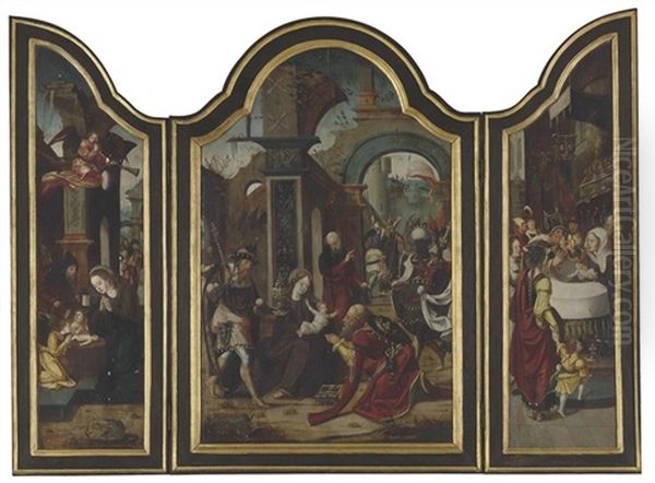 The Adoration Of The Magi; The Adoration Of The Shepherds; The Presentation In The Temple (triptych) Oil Painting by Pieter Ii Coecke Van Aelst
