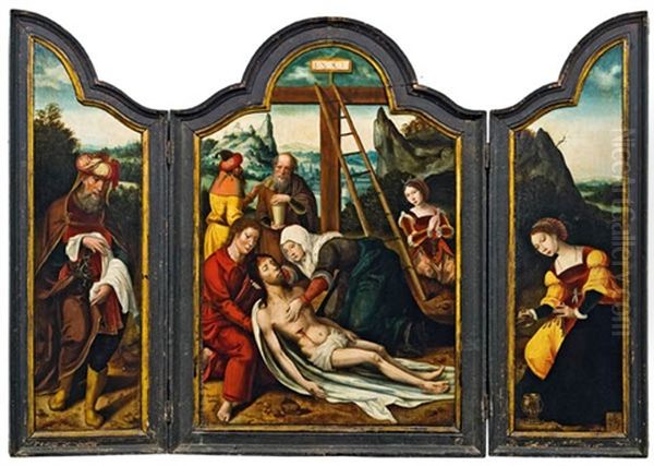 Kreuzabnahme Und Beweinung (triptych; Collab W/ The Master Of The Female Half Lengths) Oil Painting by Pieter Ii Coecke Van Aelst