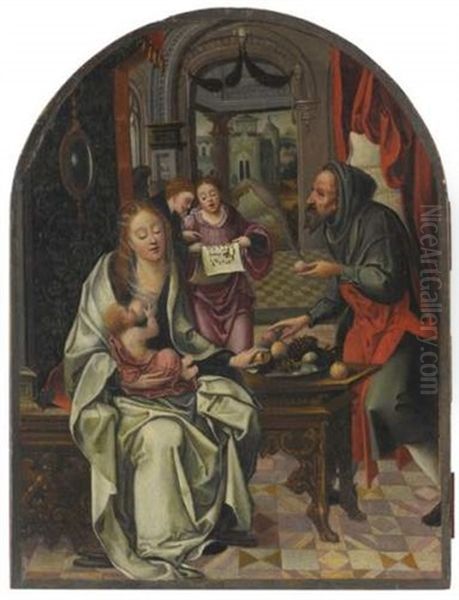La Vierge A L'enfant Entouree D'anges Musiciens Et De Saint Antoine (?) Oil Painting by Pieter Ii Coecke Van Aelst