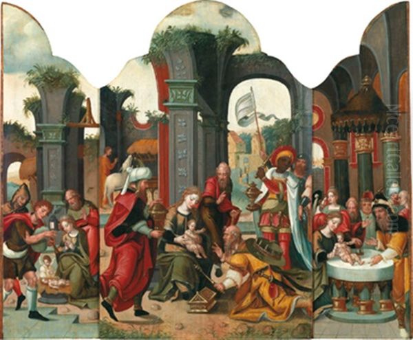Die Anbetung Der Hirten (+ Die Anbetung Der Konige, Die Darstellung Im Tempel; Triptych) Oil Painting by Pieter Ii Coecke Van Aelst