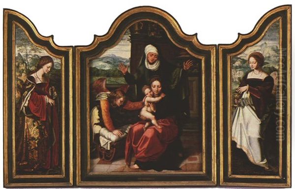 Madonna, Mutter Anna Und Ein Engel, Der Die Wiege Fur Das Kind Herrichtet (altar Piece) Oil Painting by Pieter Ii Coecke Van Aelst