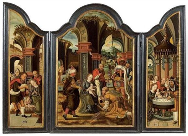 Adoration Des Mages Entre Une Nativite Et Une Circoncision (triptych) Oil Painting by Pieter Ii Coecke Van Aelst