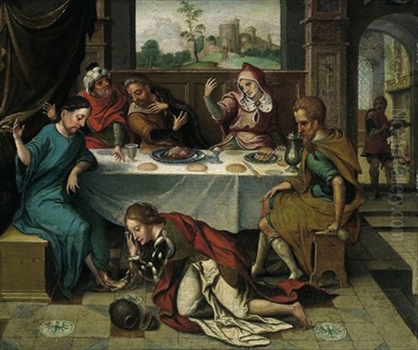 Magdalena Salbt Jesus Die Fuse Oil Painting by Pieter Ii Coecke Van Aelst
