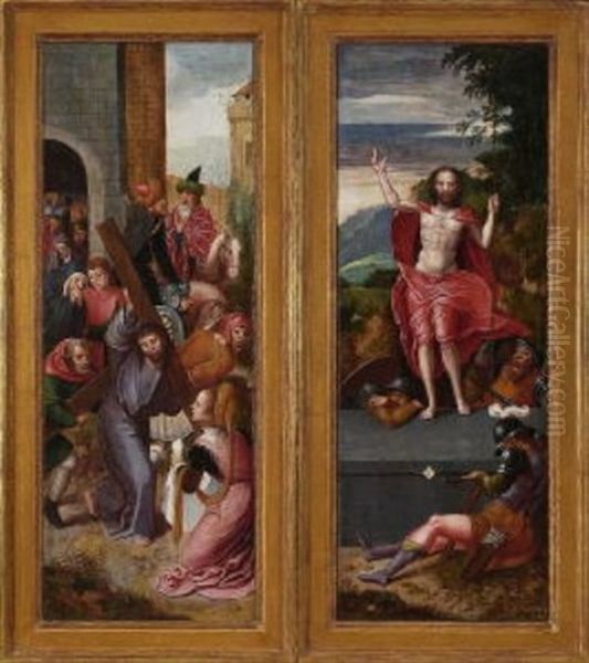 Kreuztragung - Auferstehung Christi (2 Parts Of A Triptych) Oil Painting by Pieter Ii Coecke Van Aelst