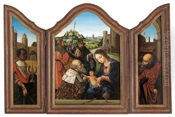 Die Anbetung Der Konige, Ein Heiliger Konig Und Der Heilige Josef (triptych) Oil Painting by Pieter Ii Coecke Van Aelst