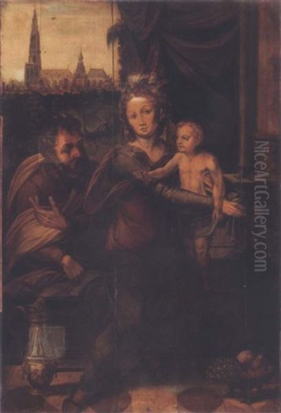 Saint Joseph, La Vierge Et L'enfant Dans Un Interieur Avec La Cathedrale D'anvers Sur L'arriere-plan Oil Painting by Pieter Ii Coecke Van Aelst