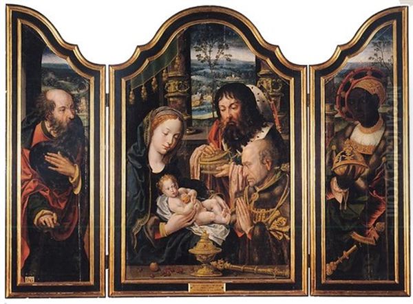 The Adoration Of The Magi; Saint Joseph And Balthasar Oil Painting by Pieter Ii Coecke Van Aelst