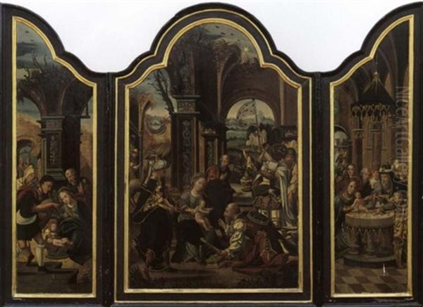 Die Anbetung Der Hl. Drei Konige. Maria Und Joseph Sowie Ein Hirte Das Kind Anbetend. Darbringung Im Tempel Oil Painting by Pieter Ii Coecke Van Aelst
