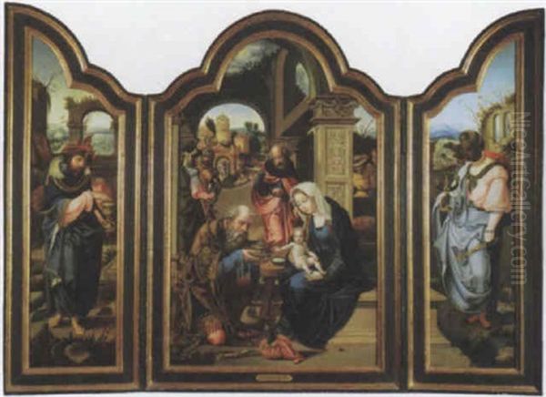 The Adoration Of The Magi; King Melchior; King Balthazar Oil Painting by Pieter Ii Coecke Van Aelst