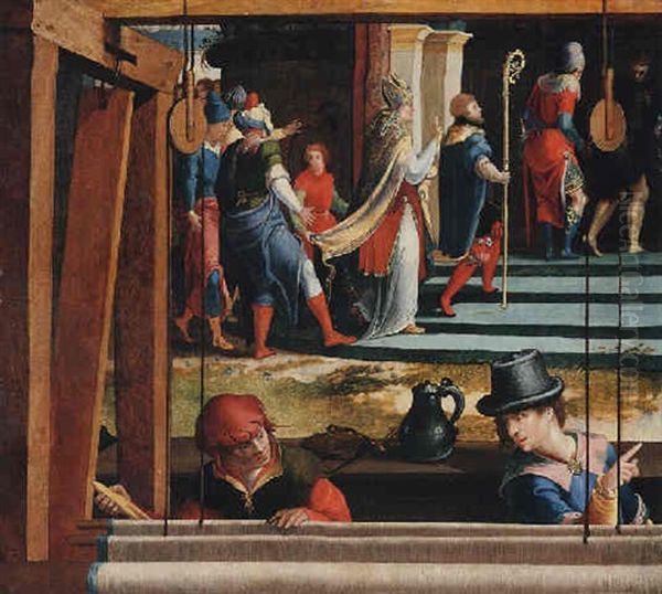 Saint Severus Entering A Church, Weavers At Work In The Foreground Oil Painting by Pieter Ii Coecke Van Aelst