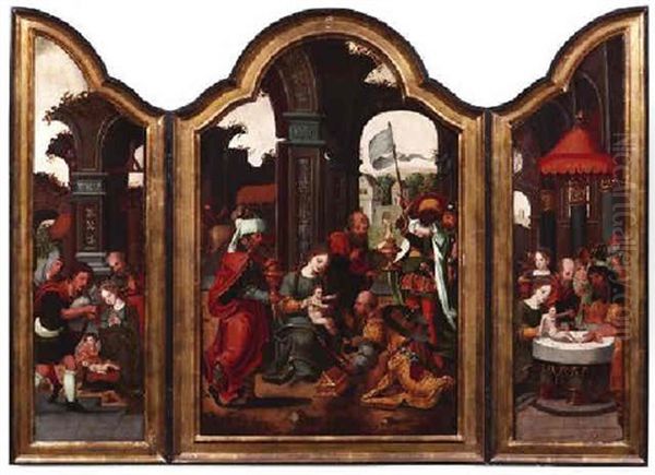 Flugelaltar Mit Der Anbetung Durch Die Heiligen Drei Konige, Der Beschneidigung Christi Rechts Und Der Anbetung Oil Painting by Pieter Ii Coecke Van Aelst