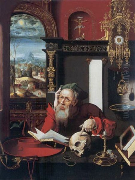 St. Jerome In His Study, A Landscape Seen Through The Window Oil Painting by Pieter Ii Coecke Van Aelst