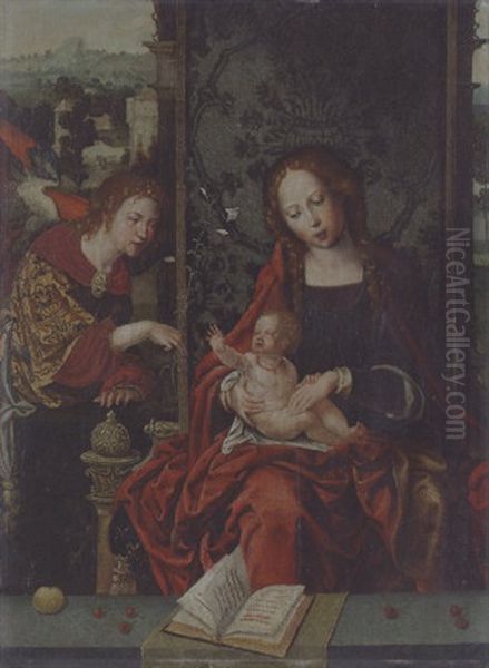 The Virgin And Child Enthroned, With The Angel Gabriel Proffering A Lily Oil Painting by Pieter Ii Coecke Van Aelst