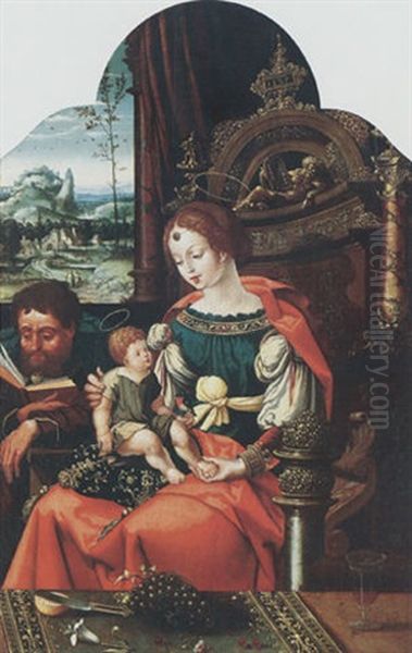 The Holy Family In An Interior, A Still Life Of A Lily, Cherries, Grapes And A Sliced Lemon On A Ledge In The Foreground Oil Painting by Pieter Ii Coecke Van Aelst