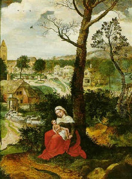 The Madonna And Child In A Wooded Landscape, A Village Scene Behind Oil Painting by Pieter Ii Coecke Van Aelst