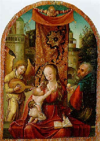 The Virgin And Child With Saint Joseph And An Angel Playing A Lute Oil Painting by Pieter Ii Coecke Van Aelst