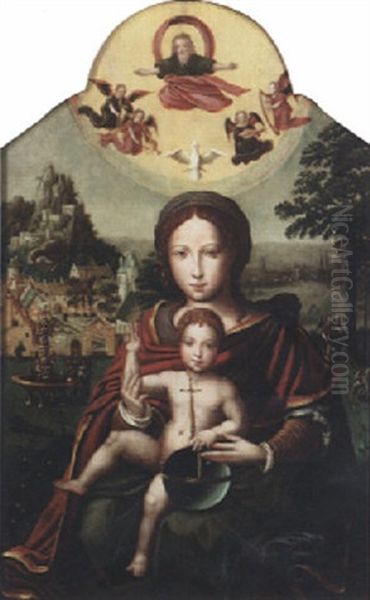 The Virgin And Child In A Landscape With God The Father And The Holy Spirit Above Oil Painting by Pieter Ii Coecke Van Aelst